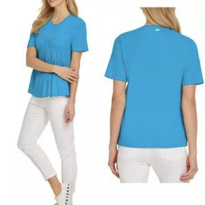 DKNY Women's Ruched Short Sleeve Top - Size: XL - Color: Tropical Blue NWT